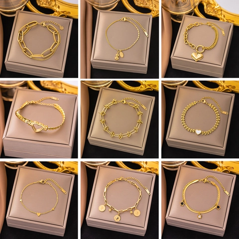 Titanium Steel 18K Gold Plated Bracelet For Women Fashion Luxury Stainless Steel Heart Butterfly Shell Rhinestone Charm Bracelet Jewelry Gift