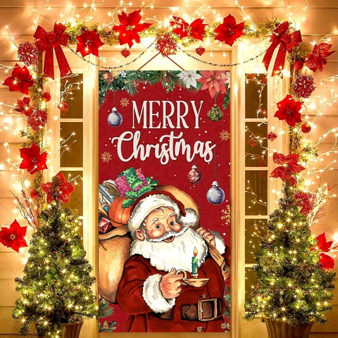 Weihnachts Türbanner Polyester Vintage Weihnachtsmann Druck Merry Christmas Hängende Flagge Urlaub Outdoor Dekoration