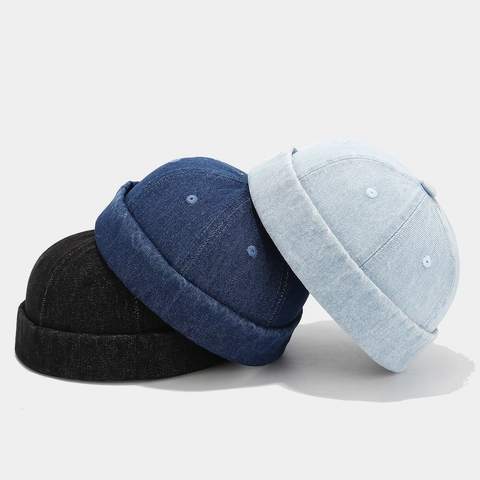 Berretto Docker In Denim Vintage Senza Tesa Skullcap In Cotone Retrò Regolabile Sailor Beanie Per Uomo Donna Stile Hip Hop