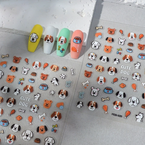 Nail Art Stickers 5D Embossed Relief Cute Cartoon Dog Bear Design Self-Adhesive Waterproof DIY Manicure Decoration Kawaii