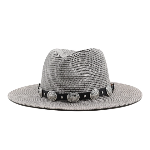 Women Fedora Straw Sun Hat Breathable UV Protection Beach Travel Vintage Western Style With Metal Buckle Leather Band