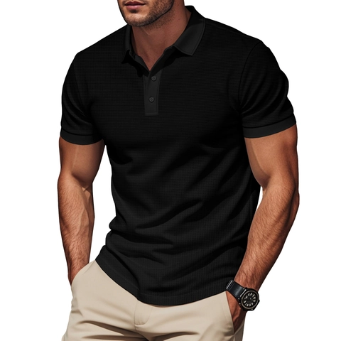 Maglietta Polo Casual a Manica Corta da Uomo Tinta Unita Tessuto Waffled Risvolto Vestibilità Slim Estate Affari Top Sportivi