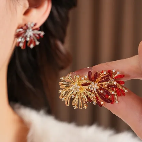Orecchini A Lobo Fiore Fuochi D'artificio Con Smalto Zircone E Perno In Argento Gioielli Di Moda Eleganti