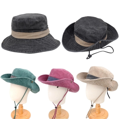 Washed Cotton Bucket Hat Outdoor Sonnenschutz Wide Brim Cowboy Boonie Hat Verstellbar Winddicht Schnur Vintage Angeln