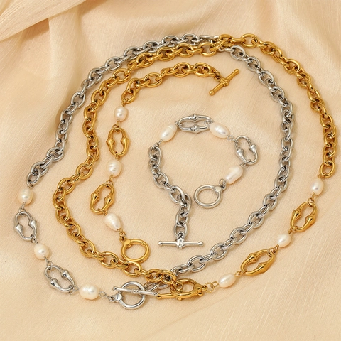 Stainless Steel Jewelry For Women Artificial Baroque Pearl Bamboo Link Chain Necklace Bracelet OT Clasp Fashion Vintage