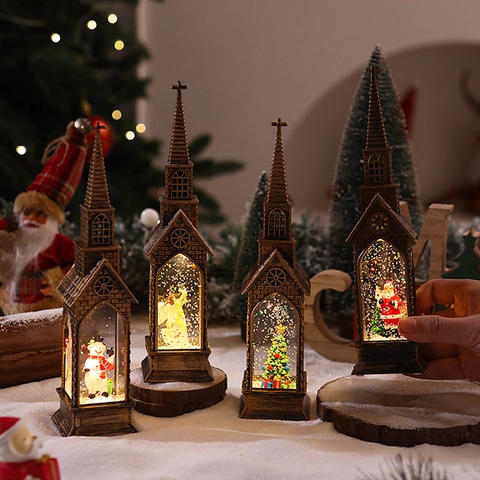 Kerstmis Kerk Sneeuwbol Windlantaarn LED Watergevuld Glinsterende Pailletten Vintage Brons Plastic Feestelijke Decoratie