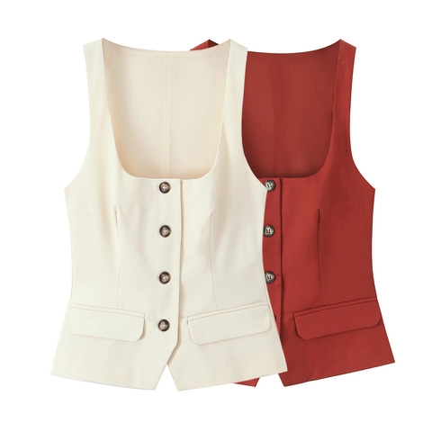 Women Slim Fit Suit Vest Square Neck Button Down Sleeveless Waistcoat With Flap Pockets Polyester Solid Color Chic
