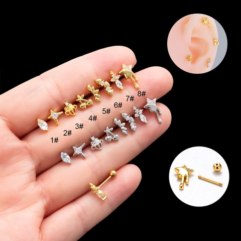 Stainless Steel Zircon Cartilage Piercing Earrings Heart Star Crown Shape Fashion Jewelry Screw Ball Back For Women