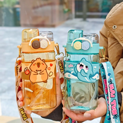 Kids Water Bottle Plastic Straw Cup With Adjustable Strap Portable Cartoon Dual Drink Kettle For Children Students