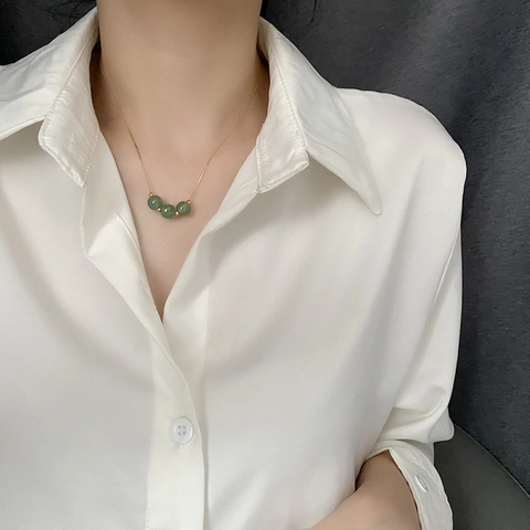 Titanium Stalen Ketting Voor Dames Groene Kralen In Jade Stijl Vintage Elegante Hanger Sleutelbeen Ketting