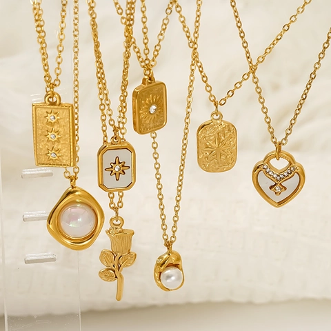 Pendant Necklace 18K Gold Plated 304 Stainless Steel With Imitation Artificial Pearl Shell Heart Flower Retro Style For Women
