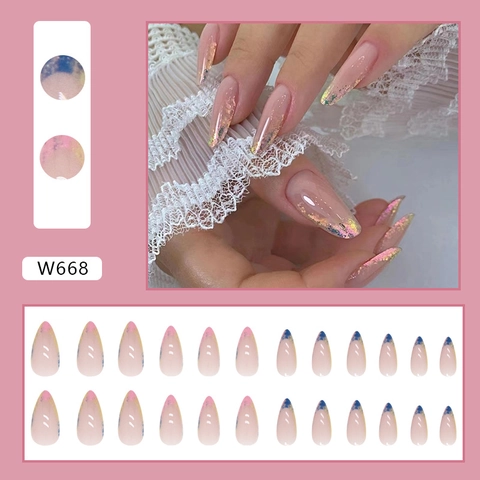 Press On Nails Long Almond Shape French Tip Gradient Nude Pink Colorful Glitter Artificial Fake Nails For Women Manicure