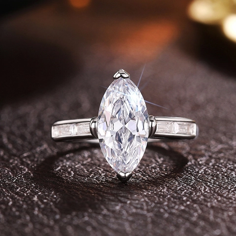 Luxury Marquise Cubic Zirconia Ring Copper Platinum Plated Vintage Unique Design Baguette Side Stones Jewelry For Women