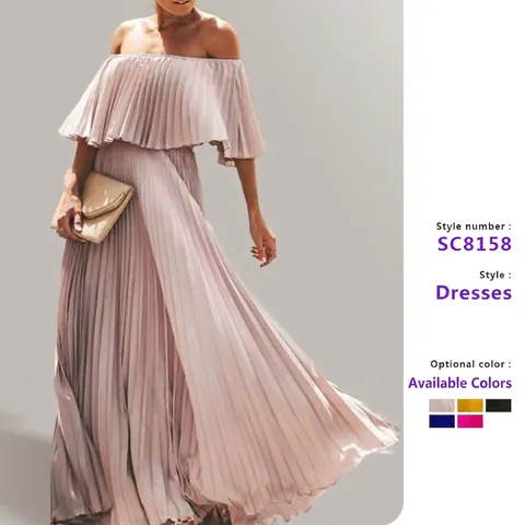 Elegant Off Shoulder Pleated Maxi Dress For Women Chiffon Flowy Evening Party Long Dress Solid Color Backless Gown