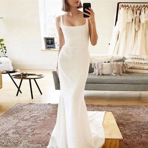 Modern Minimalist Satin Mermaid Wedding Dress Square Neck Backless Sleeveless Bridal Gown Long Train Elegant For Women
