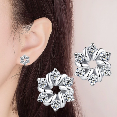 Rotierende Blumen Ohrstecker Kupfer Mit Zirkonia Eleganter Koreanischer Stil Funkelnder Schmuck Für Damen