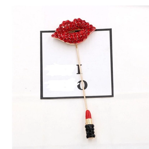 Spilla Ago Lunga Labbra Rosse Rossetto Lega Strass Smalto Pin Gioielli Accessori Donna Creativo