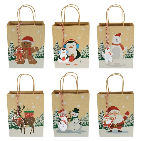 Weihnachts-Geschenktüten Kraftpapier Mit Griffen Anhängern Weihnachtsmann Rentier Schneemann Muster Partyverpackung