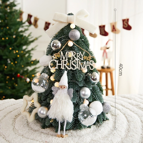 Mini Artificial Christmas Tree Set With LED Lights Pine Cones Cotton Bowknot Desktop Ornament For Christmas Party Home Decor