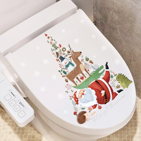 Autocollant Couvercle Toilettes Noël PVC Dessin Animé Père Noël Renne Sapin Décoration Salle Bain Amovible