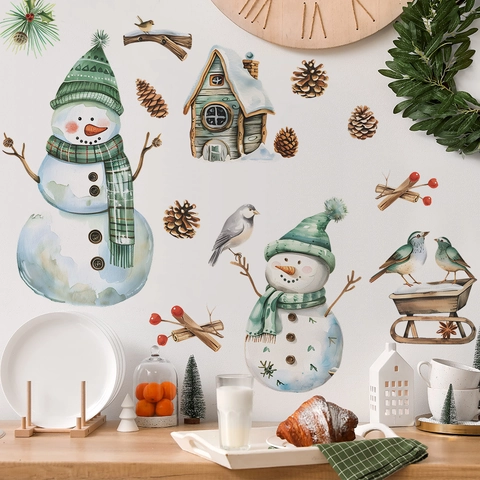 Stickers Muraux Noël Bonhomme De Neige Pommes De Pin Cabane Hiver Aquarelle PVC Pour Décoration De Chambre Salon Maison