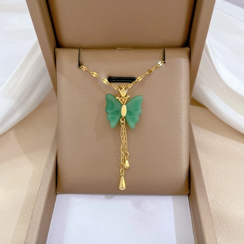 Vlinder Hanger Ketting Titanium Stalen Ketting Verguld Koper Kunstmatige Chalcedoon Kwastje Waterdruppel Sieraad Dames
