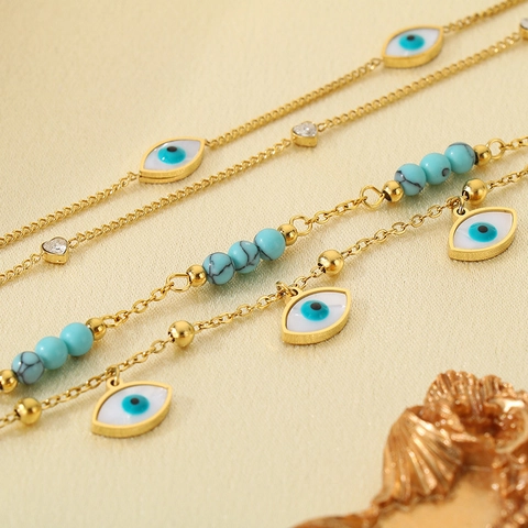 Double Layer Evil Eye Anklet Stainless Steel Turquoise Beaded Heart Charm Summer Beach Adjustable Jewelry For Women