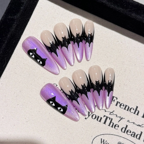 Unghie Finte Gothic Halloween Stiletto Lungo Viola Occhio di Gatto Sfumato Design Pipistrello Nero French Donna Festa
