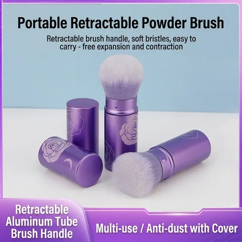 Einziehbarer Make-up-Pinsel Synthetikfaser Aluminiumgriff Tragbar Mit Deckel Rosenmuster Lila Für Puder-Rouge