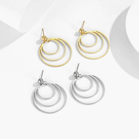Geometric Triple Hoop Dangle Earrings With Stainless Steel Earring Post Concentric Circles Minimalist Jewelry For Women