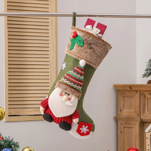 Large Christmas Stocking Faux Fur Knit Fabric 3D Santa Snowman Reindeer Holiday Home Party Decoration Gift Bag