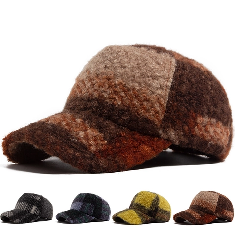 Cappello Da Baseball In Lana Di Agnello Blocchi Di Colore Plaid Berretto Peluche Invernale Caldo Vintage Regolabile Donna