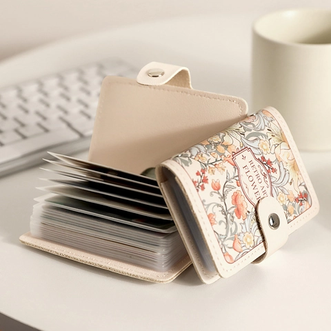 Women Retro Floral Print Card Holder Wallet PU Leather Multi Slot Accordion Style Organizer With Snap Button