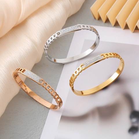 Brazalete Minimalista de Acero Inoxidable con Cadena de Eslabones Huecos para Mujer con Diamantes de Imitación Oro Plata Joyas
