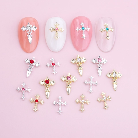 Ciondoli Per Unghie Croce Gotica Lega Zircone Strass Retro Spada Ali Flatback Punk Manicure Decorazione Fai Da Te