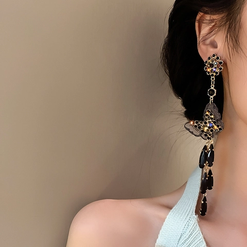 Pendientes De Mariposa Borla Aleación Cristal Negro Con Poste De Plata Esterlina 925 Joyería Vintage Mujer
