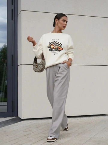 Felpa Da Donna American Retro Racing Print Misto Cotone Oversize Manica Lunga Girocollo Streetwear Pullover Top