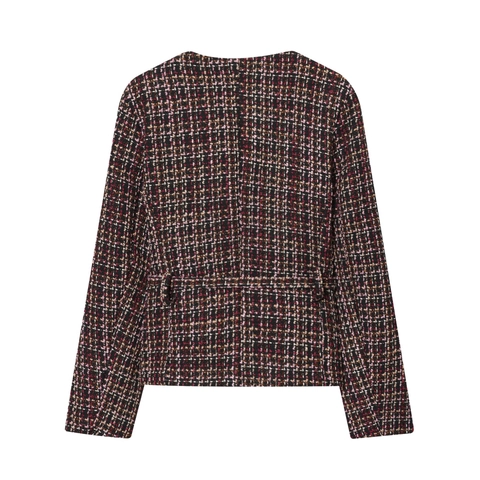Women Short Tweed Jacket Plaid Crew Neck Long Sleeve Single Breasted Coat With Belt Elegant Vintage Outerwear
