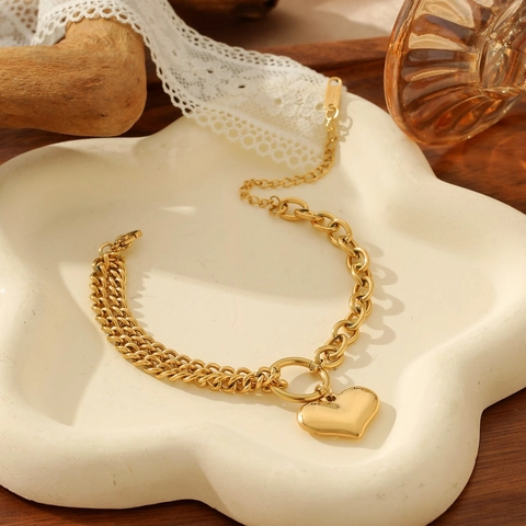 Bracciale da Donna in Acciaio Inossidabile con Pendente a Cuore Placcato Oro Doppia Catena a Graffetta con Chiusura OT Regalo di Gioielli Eleganti