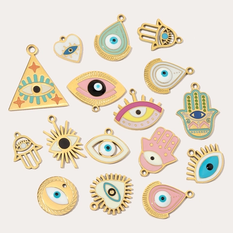 Titanium Steel Enamel Evil Eye Hamsa Hand Pendants Gold Plated Heart Triangle Teardrop Charms For DIY Necklace Jewelry Making