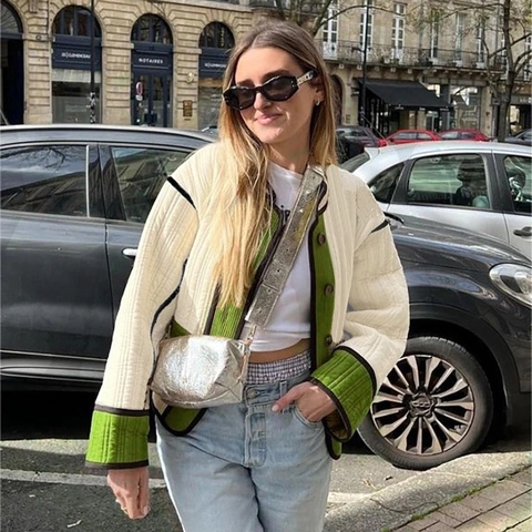 Damen Steppjacke Kontrastfarben Leichte Wattierte Jacke Retro Knöpfe Lässige Oberbekleidung Kurz Streetwear