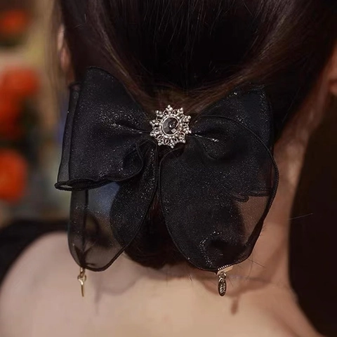 Large Bow Hair Scrunchie Pearlescent Mesh Satin Gauze Rhinestone Ornament Elegant Pony Tail Tie Elastic Hair Rope For Women