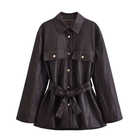 Veste En Similicuir Pour Femme Avec Ceinture PU Style Chemise Manches Longues Boutonnée Revers Manteau Mode