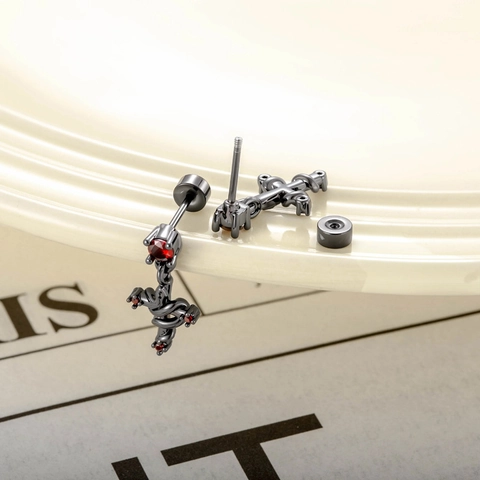 Gothic Snake Wrapped Cross Ear Cartilage Stud Titanium Steel Red Zirconia Screw Back Piercing Jewelry Men Women Cool