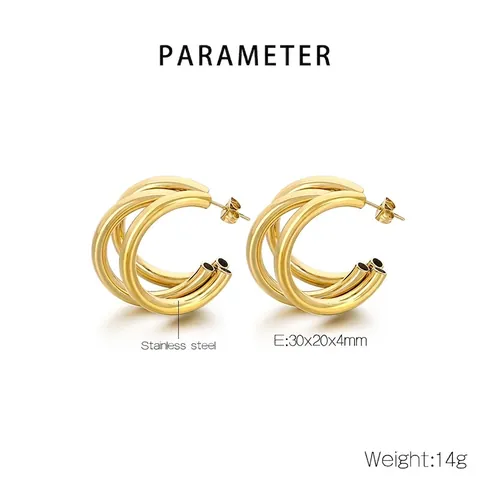 Pendientes De Aro De Triple Capa De Acero Inoxidable En Forma De C Tubo Hueco Joyería Geométrica Para Mujer