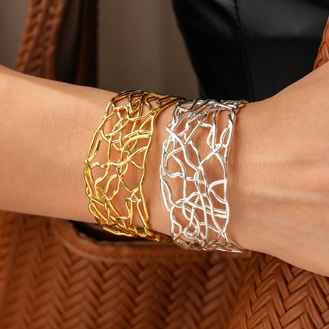 Hollow Out Mesh Cuff Armreif Verflochten Unregelmäßig Geometrisch Offener Armband Kupfer Vergoldet Mode Schmuck Für Damen