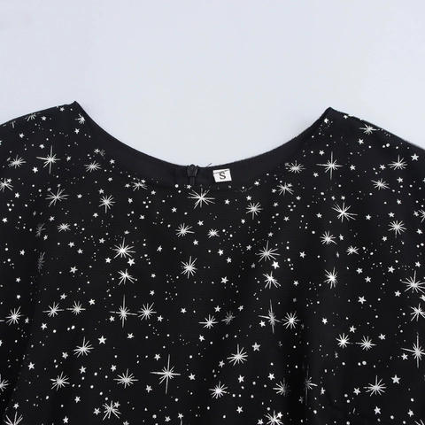 Sexy Mini Dress Long Sleeve Mesh Star Foil Print Waist Cut Out Round Neck Party Evening Short Dress Women