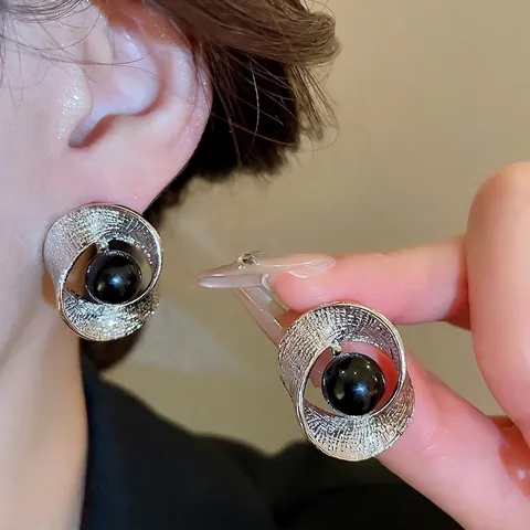 Pendientes De Boton Geometricos Retorcidos Con Poste De Plata Esterlina 925 Aleacion Perla Negra Minimalista Mujer