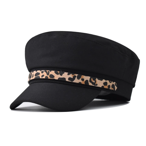 Chapeau Militaire Femme Coton Motif Léopard Toit Plat Casquette Automne Hiver Style Britannique Gavroche Béret Avec Chaîne