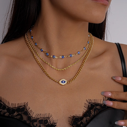 Evil Eye Layered Halskette Legierung Strass Emaille Nazar Anhänger Mehrlagige Kette Retro Boho Schmuck Für Frauen